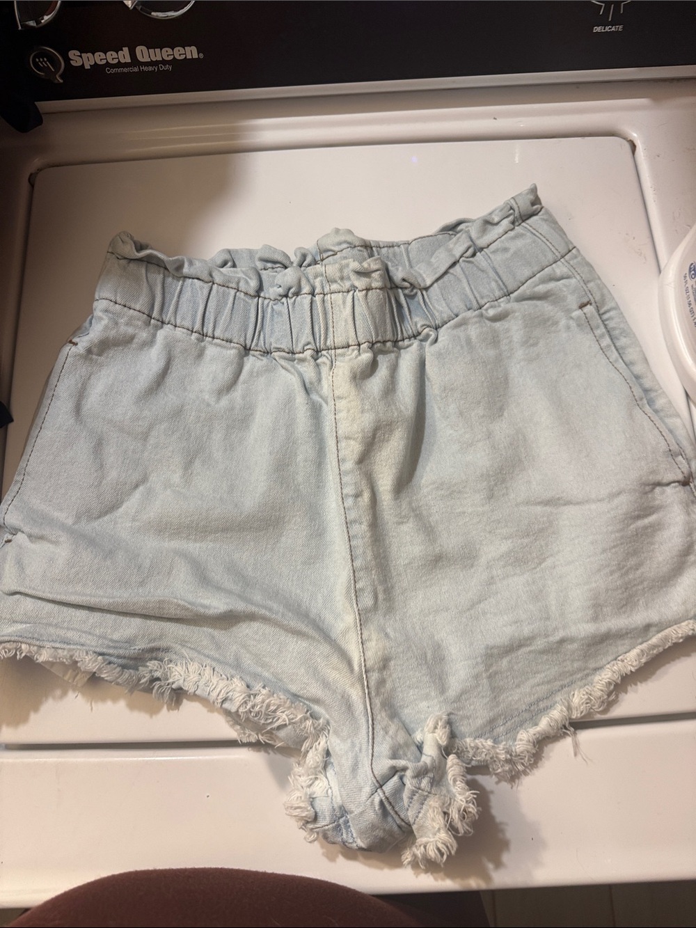 Material Girl Light Blue Elastic Waist Distressed Denim Shorts